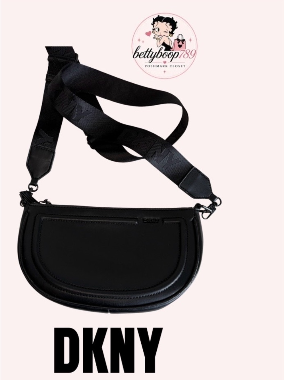 DKNY Black Leather Crescent Shoulder Bag with Logo Detail